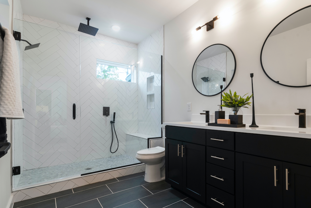 glass shower enclosure in bathroom