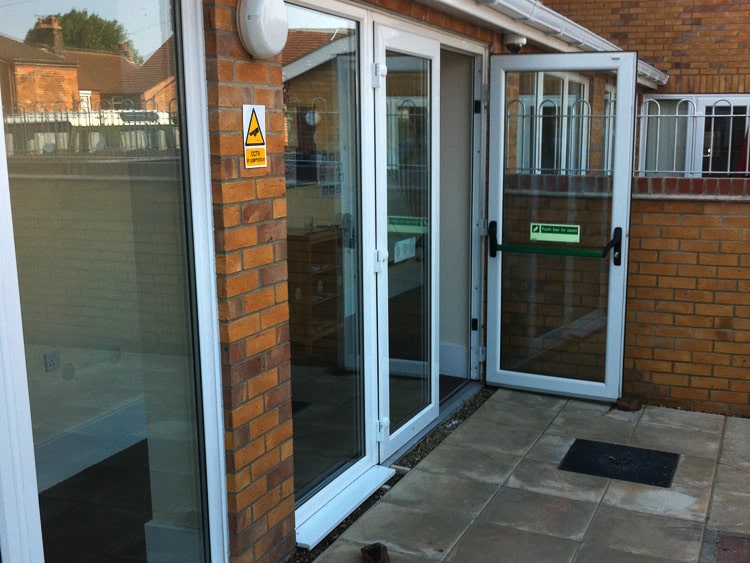 commercial property with double glazed fire rated door and windows fitted