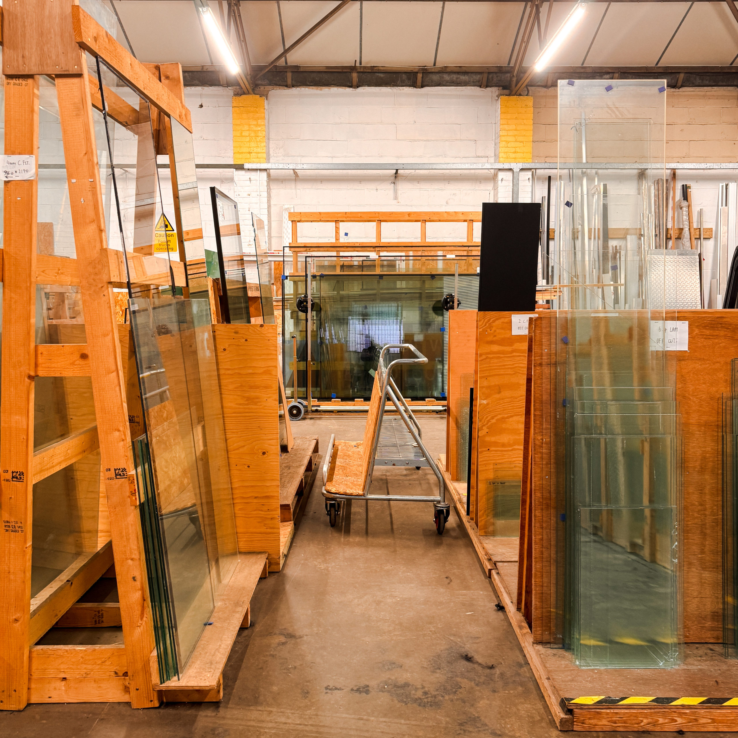 glass panel cuttings all ordered in size in Norwich Glass warehouse