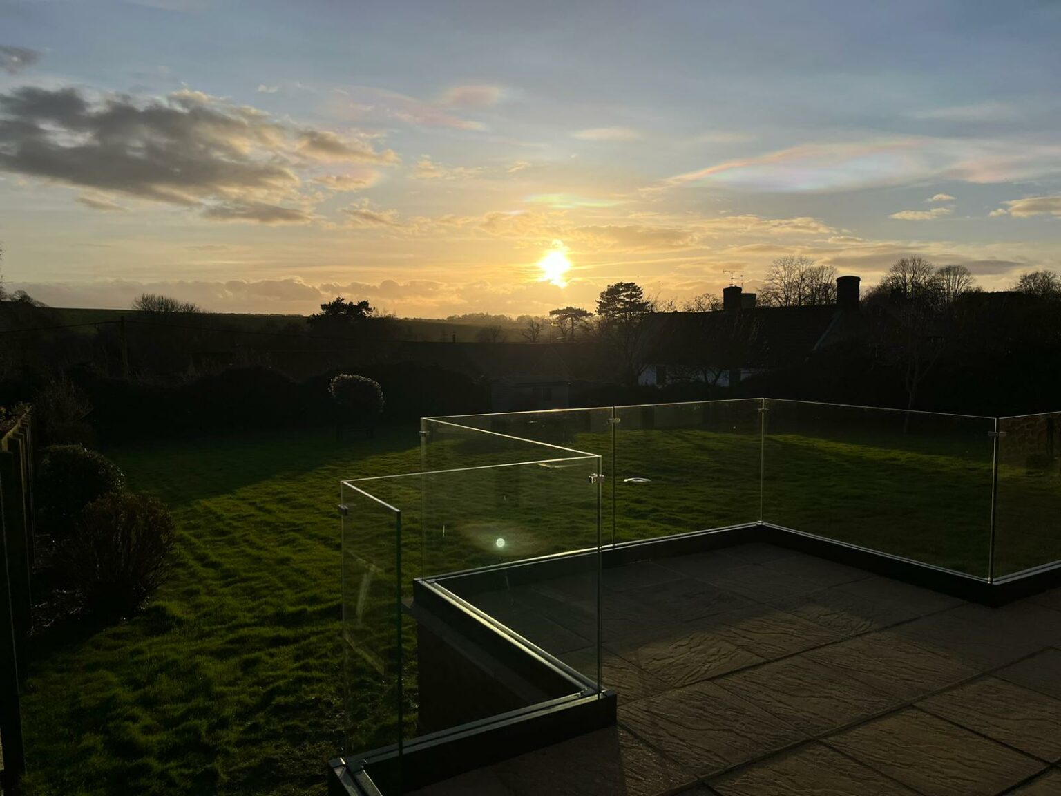 golden hour view of back garden from patio