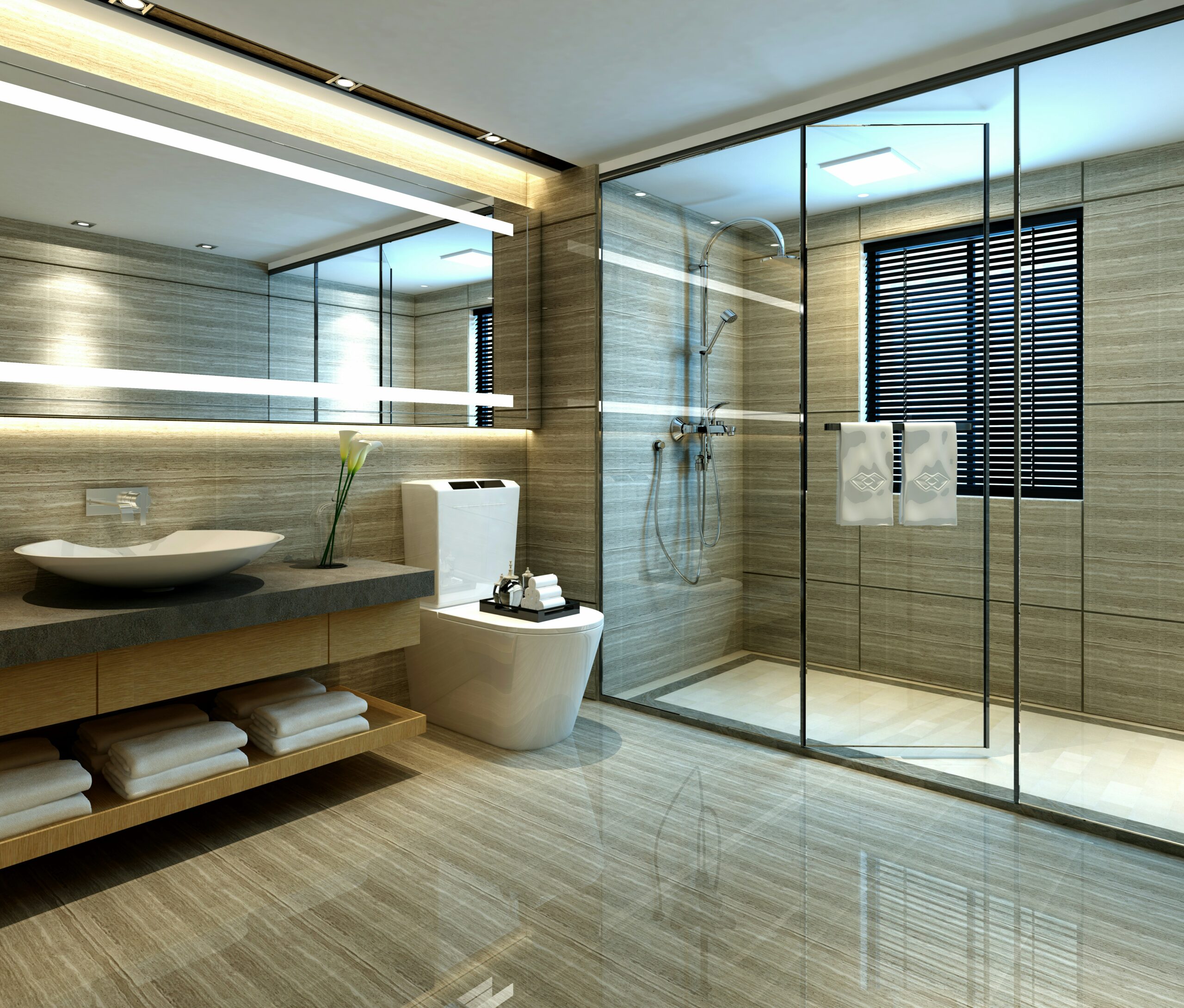 Large modern bathroom with glass shower